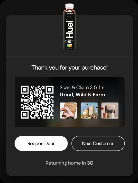 Vend Reward thank-you screen after a purchase